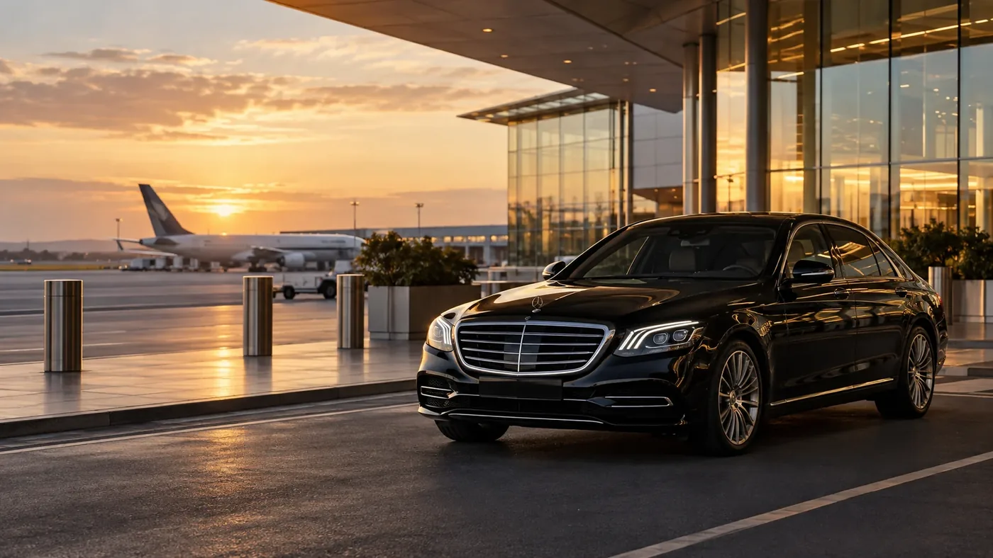 Illustration: black executive sedan waiting at an airport terminal kerb at sunset
