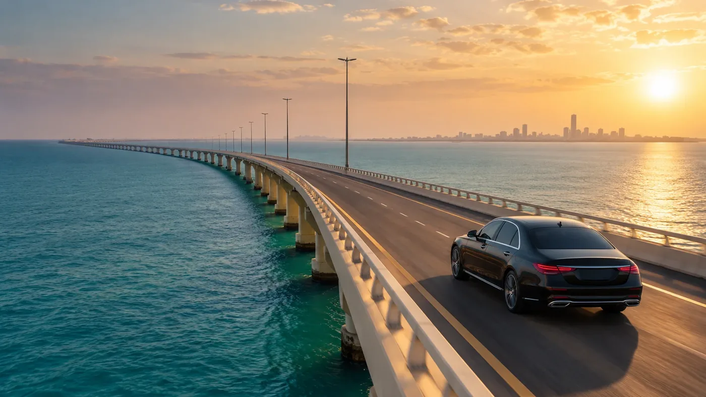 Illustration: black sedan on a sea causeway heading towards a city skyline at sunset