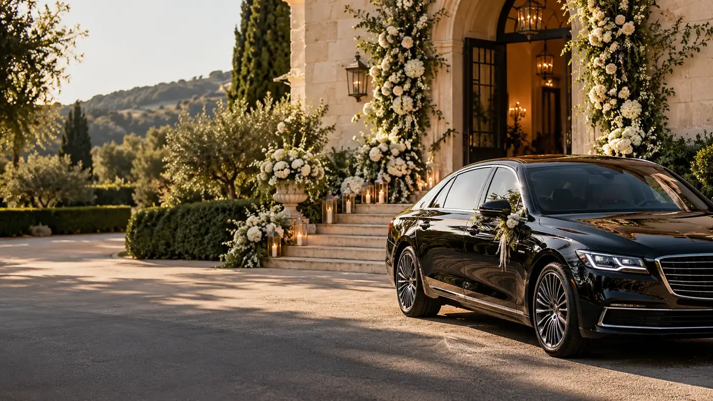 Illustration: black sedan with floral decoration outside a wedding venue